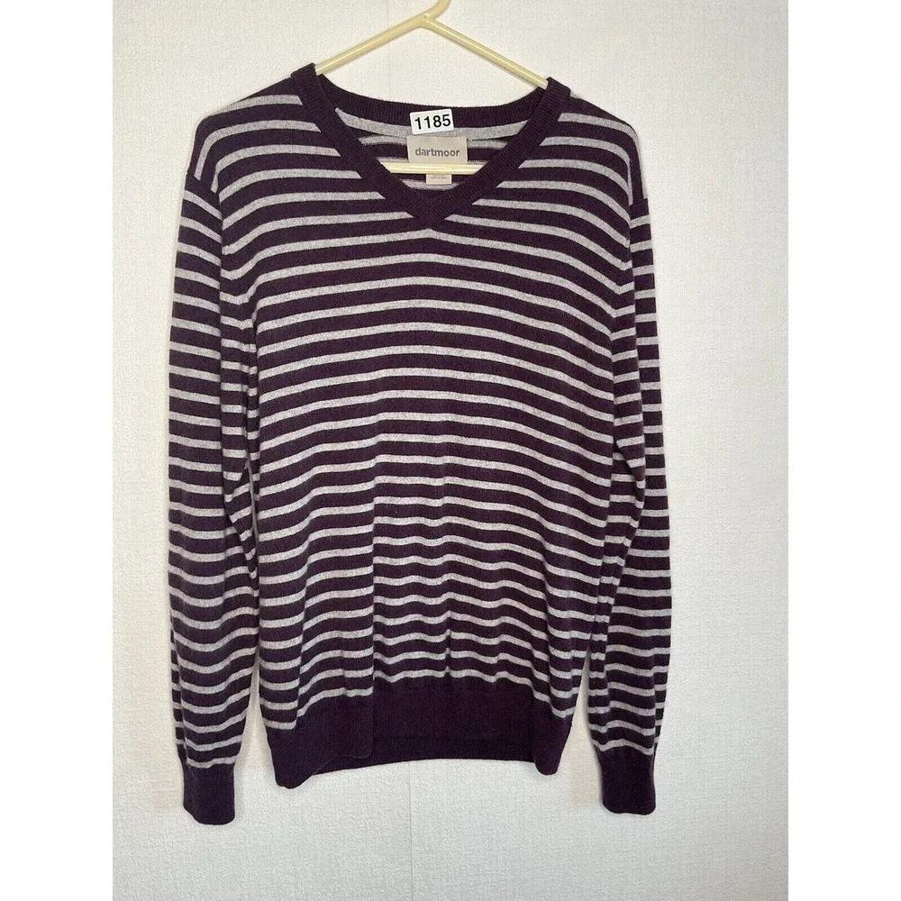 NWOT‎ Dartmoor Purple/Gray Striped V-Neck Sweater Men L China 100% Cashmere